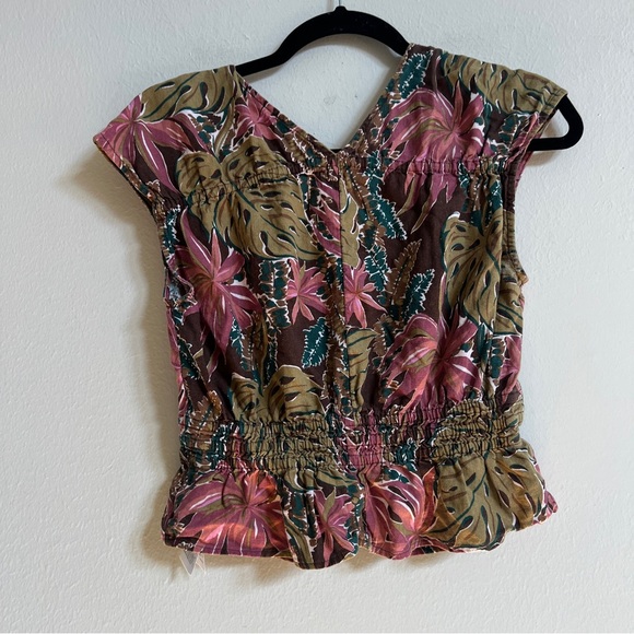 Madewell Shirred Cap Sleeve Top in Brushstroke Monstera in Dark Coffee Large - Picture 4 of 4